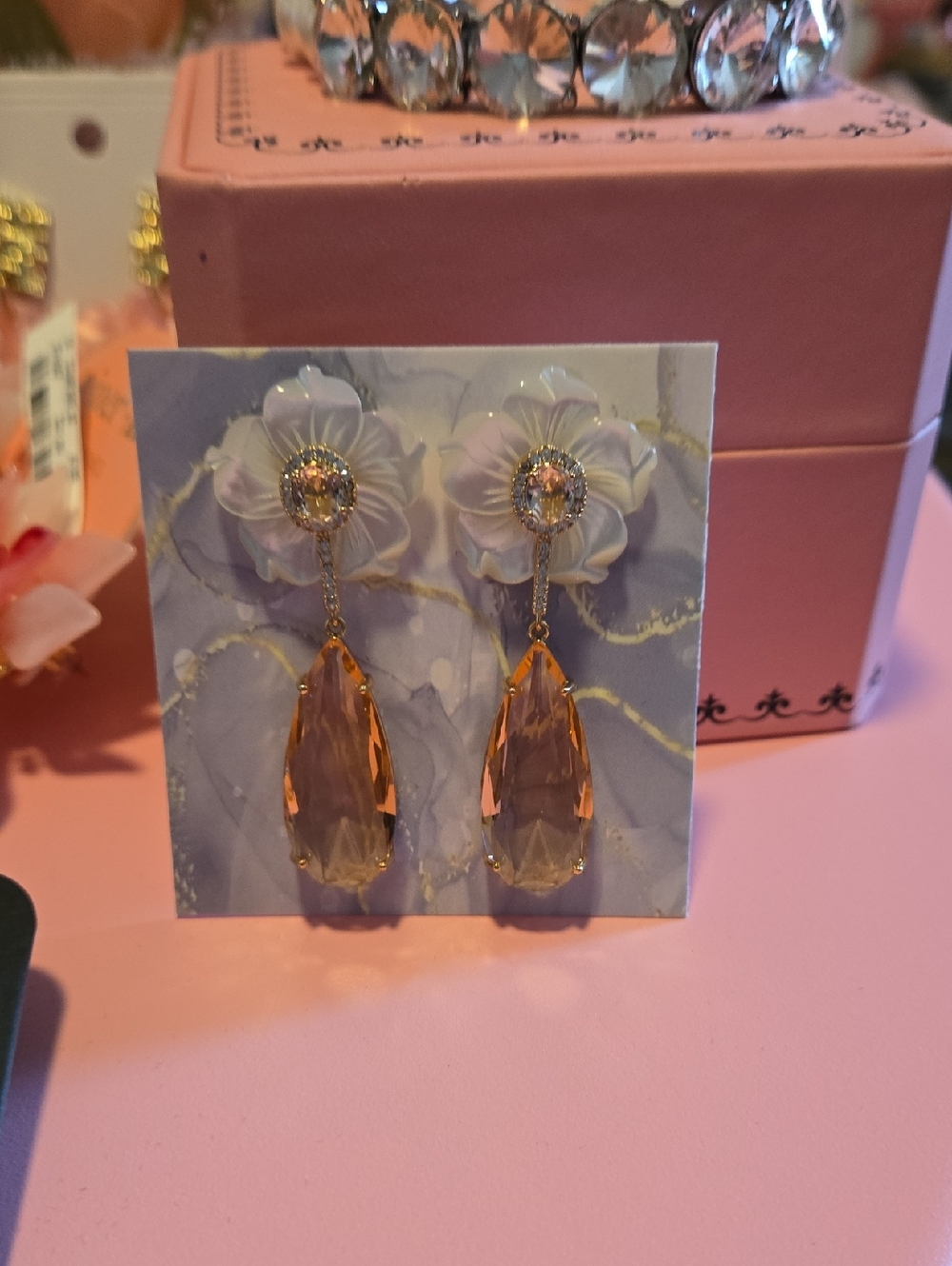 Gold-Trim Peach Teardrop Mother Of Pearl and Rhinestone  Floral Drop Earrings